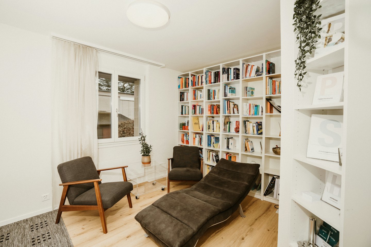 Cómoda oficina de terapia con sillones, diván y estanterías.