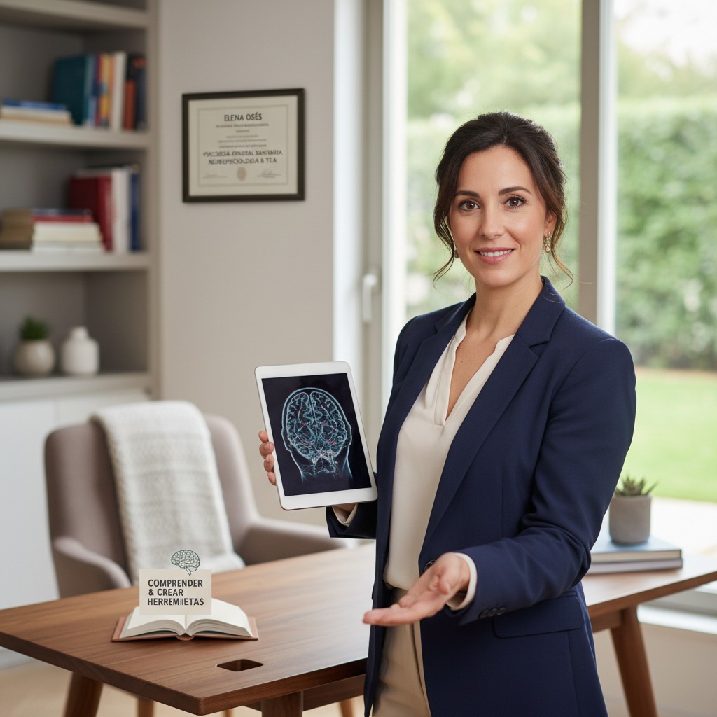 Una mujer sonriente vestida con chaqueta azul sostiene una tableta que muestra una imagen cerebral en su consulta.