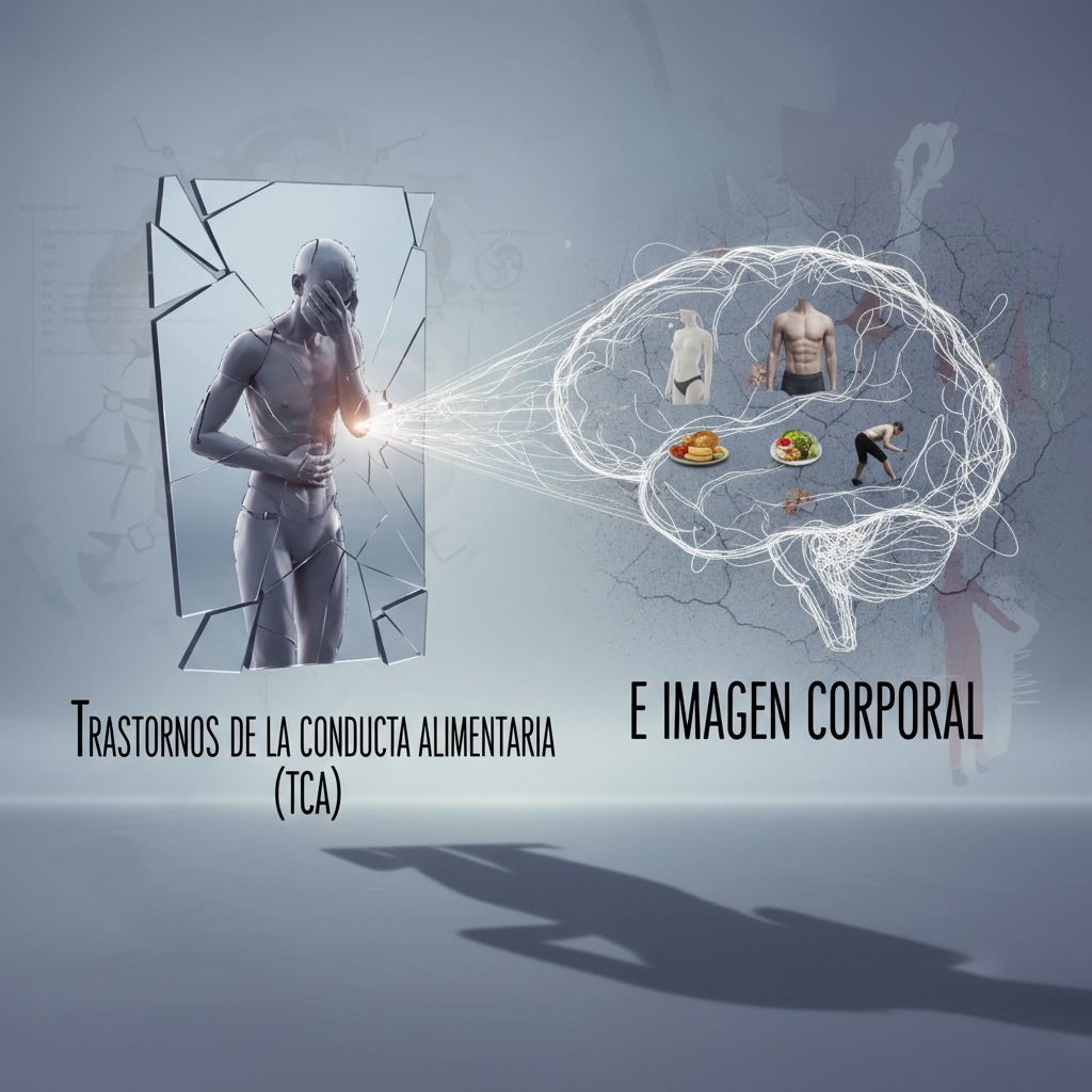 Una ilustración conceptual muestra la conexión entre la mente y la percepción corporal distorsionada, con la figura de una persona frente a un espejo roto y un cerebro dibujado con líneas que contiene imágenes de cuerpos y comida.