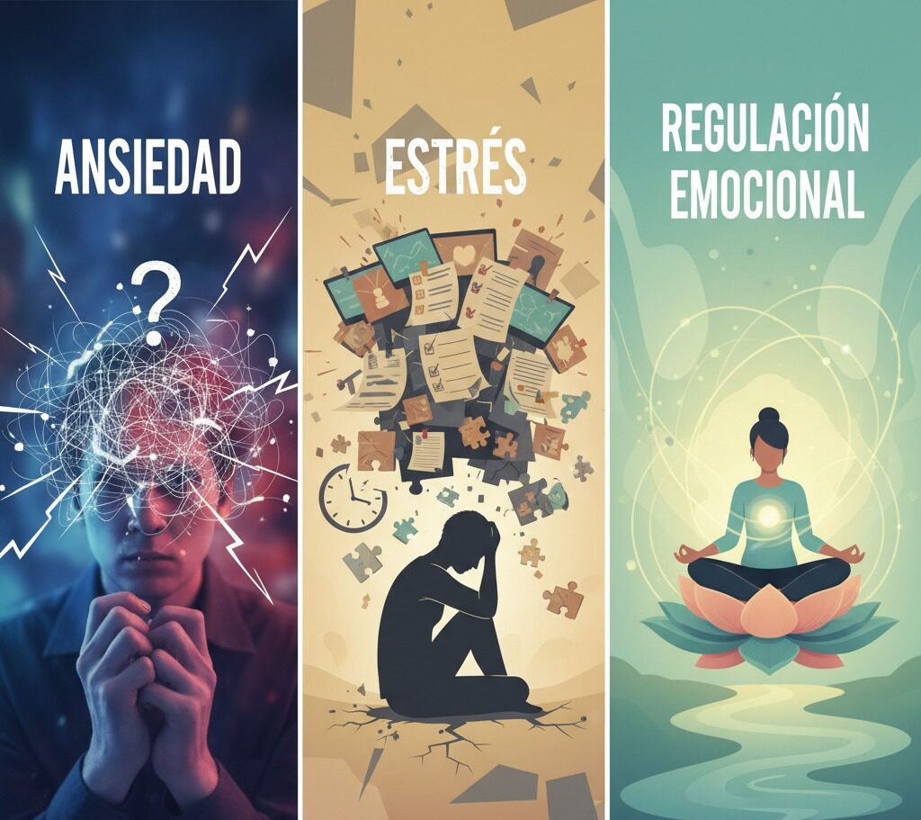 Tres paneles verticales muestran la transición de la ansiedad y el estrés hacia la regulación emocional y la calma.