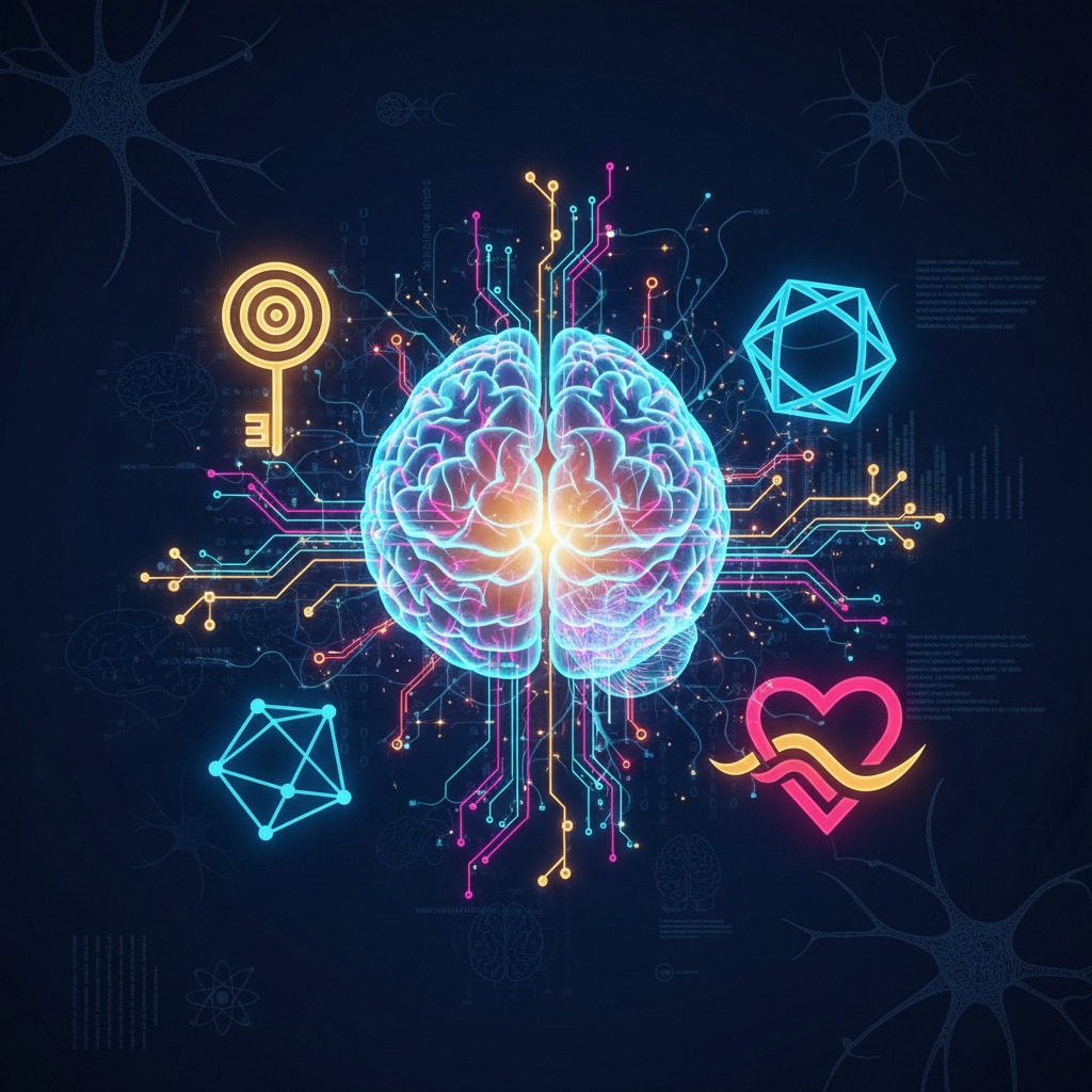 Una representación digital de un cerebro humano conectado a circuitos y símbolos luminosos sobre un fondo oscuro.